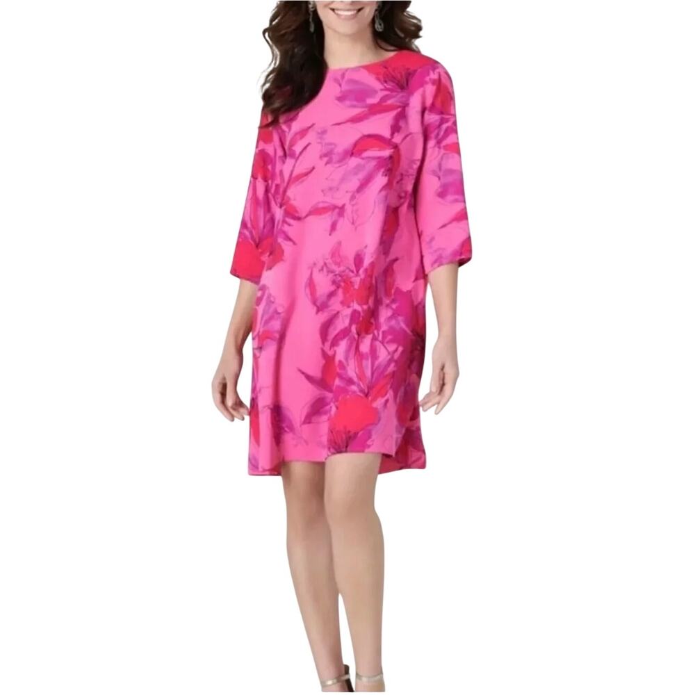 Caroline Rose $498 Tropical Sunset Floral Print Scoop Neck Pink Dress Size S